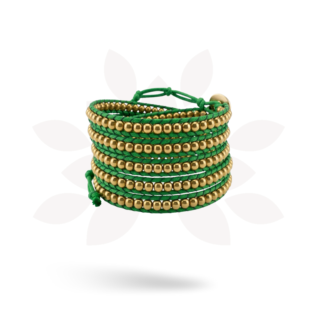 Lime Green Beaded Wrap Bracelet | Handmade Fair Trade Jewelry from Thailand | Boho Brass Bead